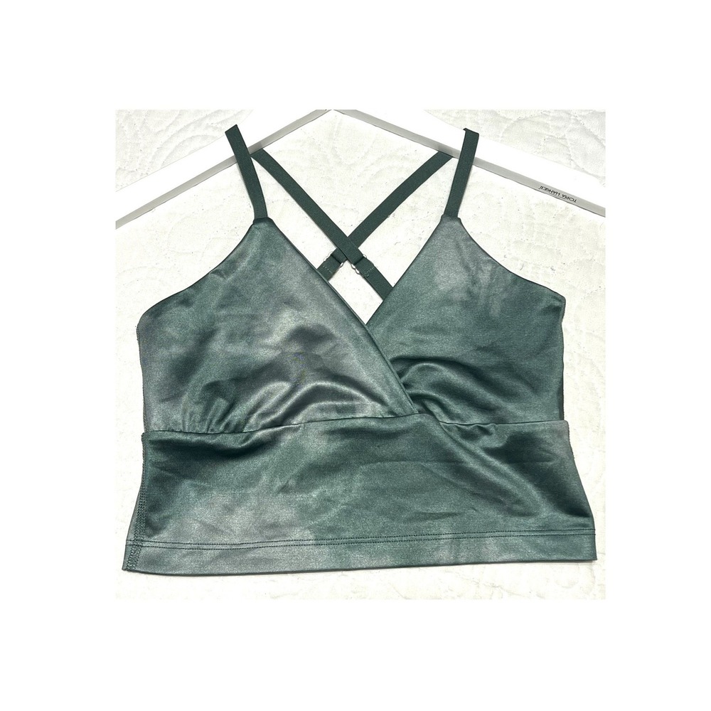 BEYOND YOGA Forest Green Satin Sheer Criss Cross Sport Bra Crop Top Size XS